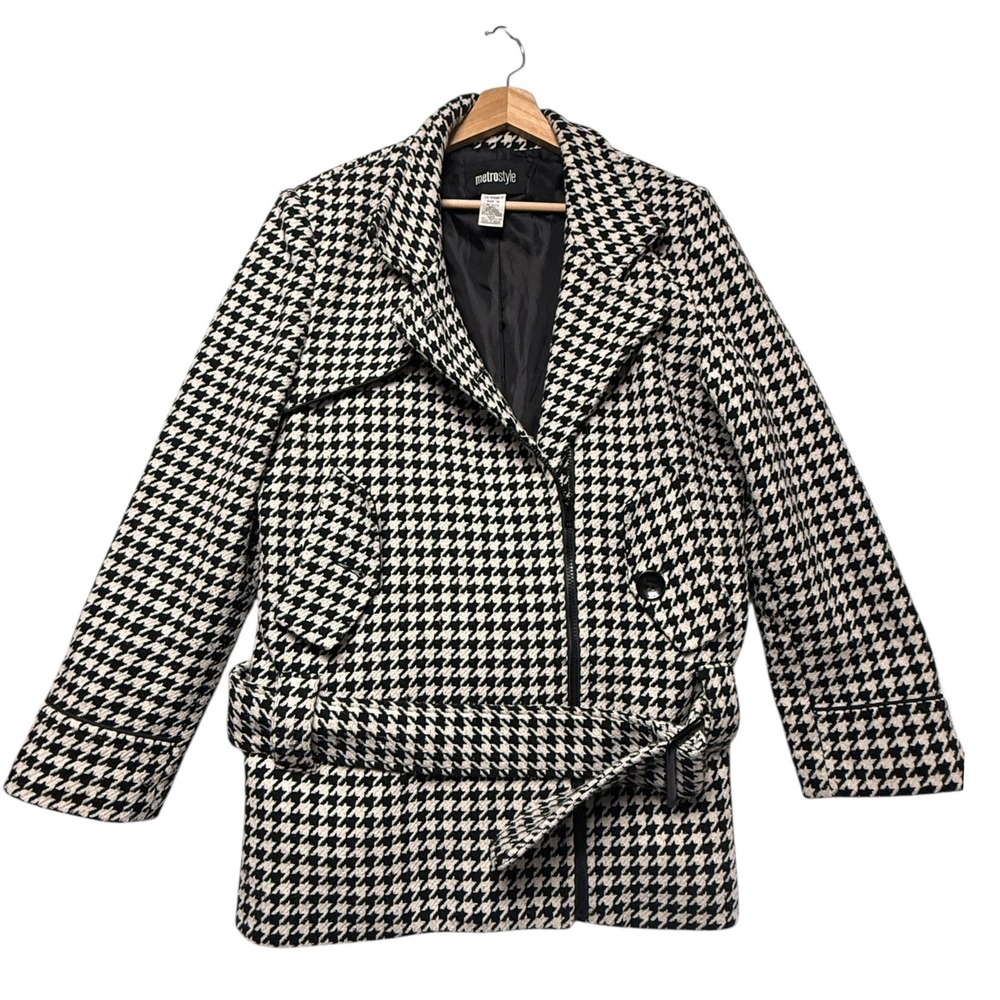 Metrostyle Womens Houndstooth Wool Blend Belted Asymmetrical Zip Coat‎ Black 16